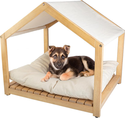 Dog House - 30x24-Inch Indoor Dog House with Soft Cushion and Adjustable Canopy - Wood Dog