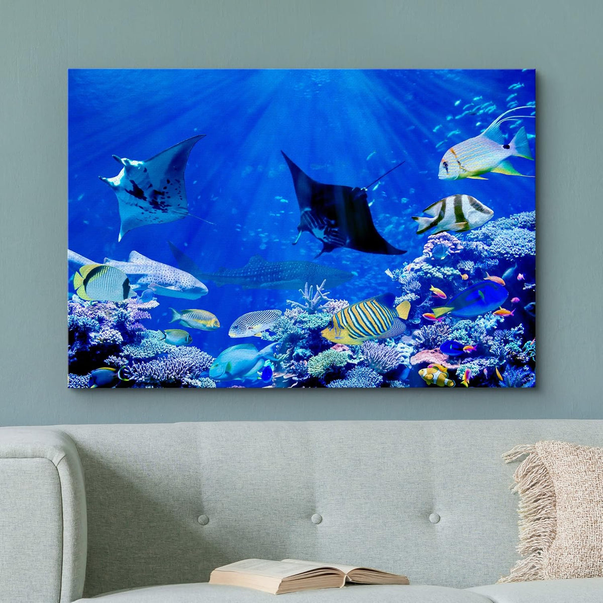 wall26 Canvas Print Wall Art Vibrant Sunlight Ray Ocean Shark Fish Reef Nature Animals Photography