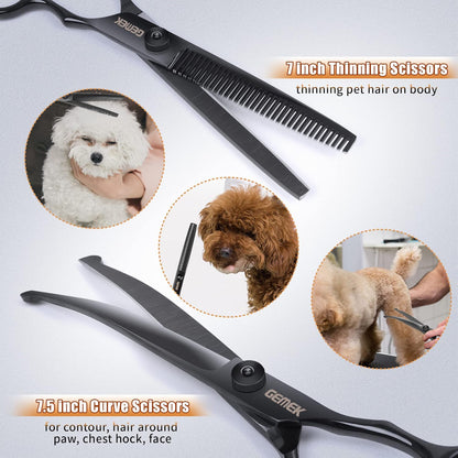 Dog Grooming Scissors Kit with Safety Round Tips, GEMEK Professional 6 in 1 Grooming Scissors for