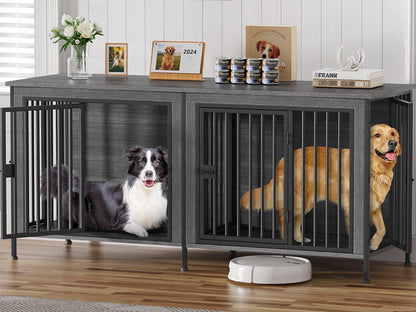 EasyCom 78 Inch Dog Cage Furniture for 2 Pets with Divider, XXL Wooden Double Dog Crate Furniture