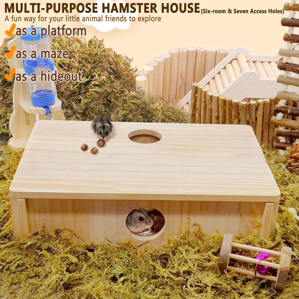 kathson Multi-Chamber Hamster Maze House,Wooden Syrian Hamster Maze Hideout,Small Pets Habitats