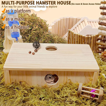 kathson Multi-Chamber Hamster Maze House,Wooden Syrian Hamster Maze Hideout,Small Pets Habitats