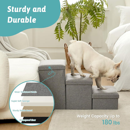Dog Stairs with Storage, 3-Step Wider Sturdy Dog Steps for Small/Medium/Large Dogs and Older Cats