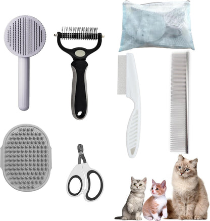 Cat Grooming Brush Kit 6 Tools - Deshedding & Dematting for Long/Short Hair, Self-Cleaning Slicker