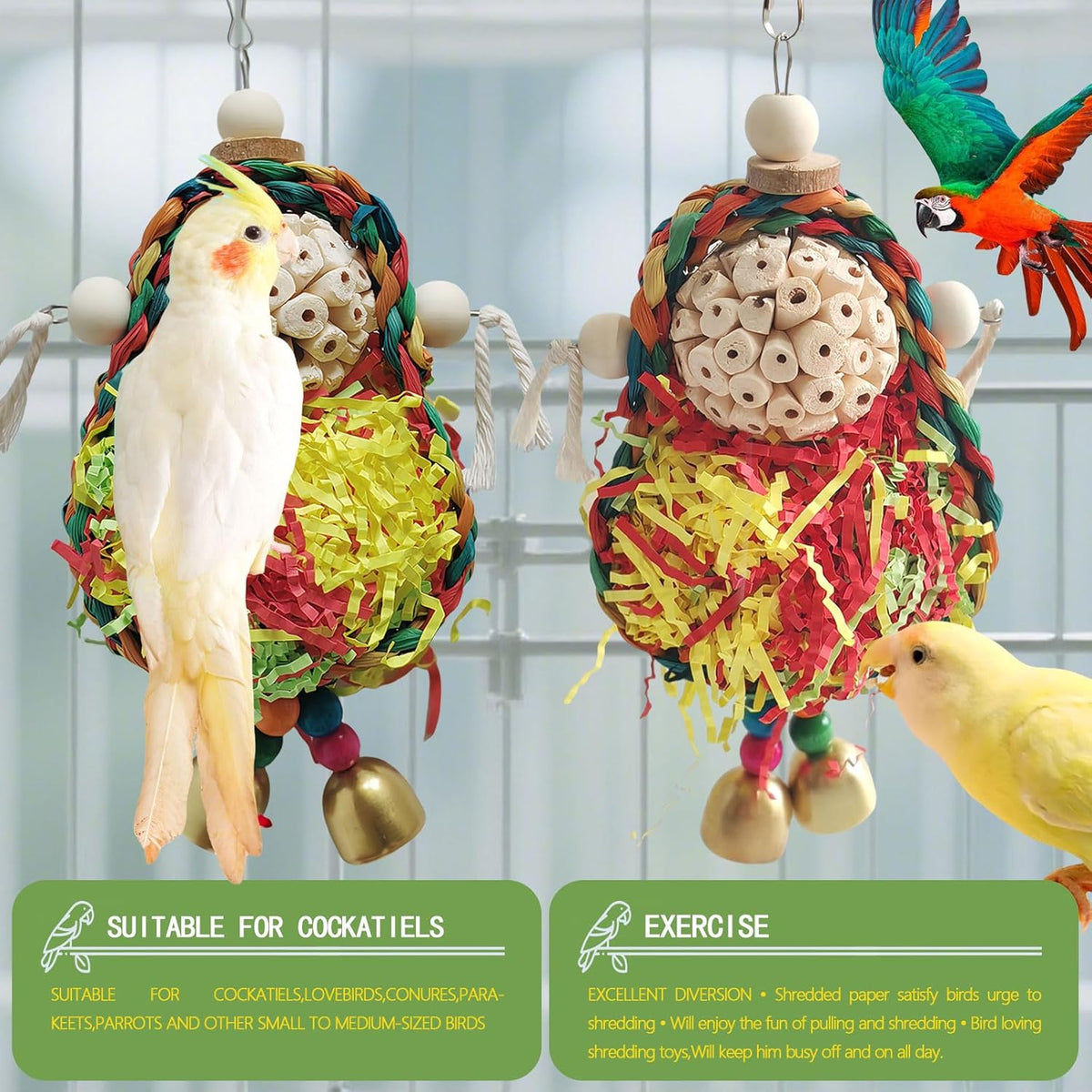 Bird Hoop Swing and Parakeet Toys,Natural Sola Balls and Shredding Hanging Toy,Birds Rope