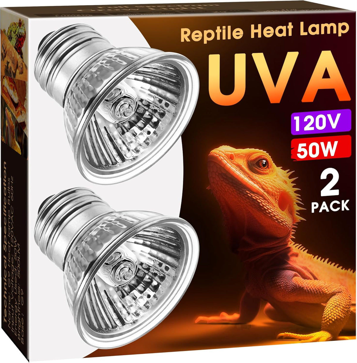 Briignite Reptile Heat Bulb 2 Pack, 50W UVA UVB Reptile Light Bulbs, Dimmable Heat Lamp Bulbs