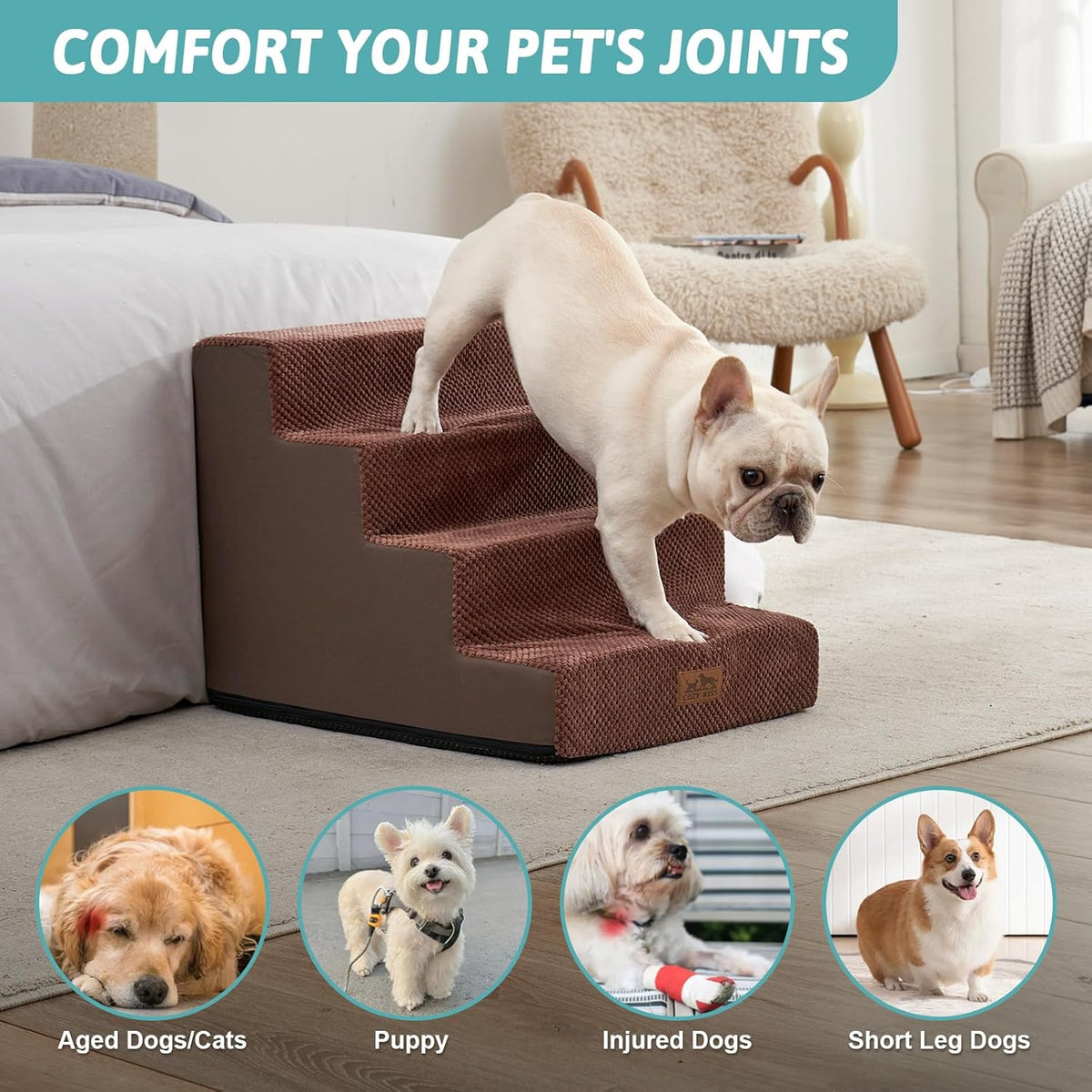 Dog Stairs for Small Dogs, 4 Tier Wider Pet Stairs for Couch and Beds, 17.7" H Non-Slip Dog Steps