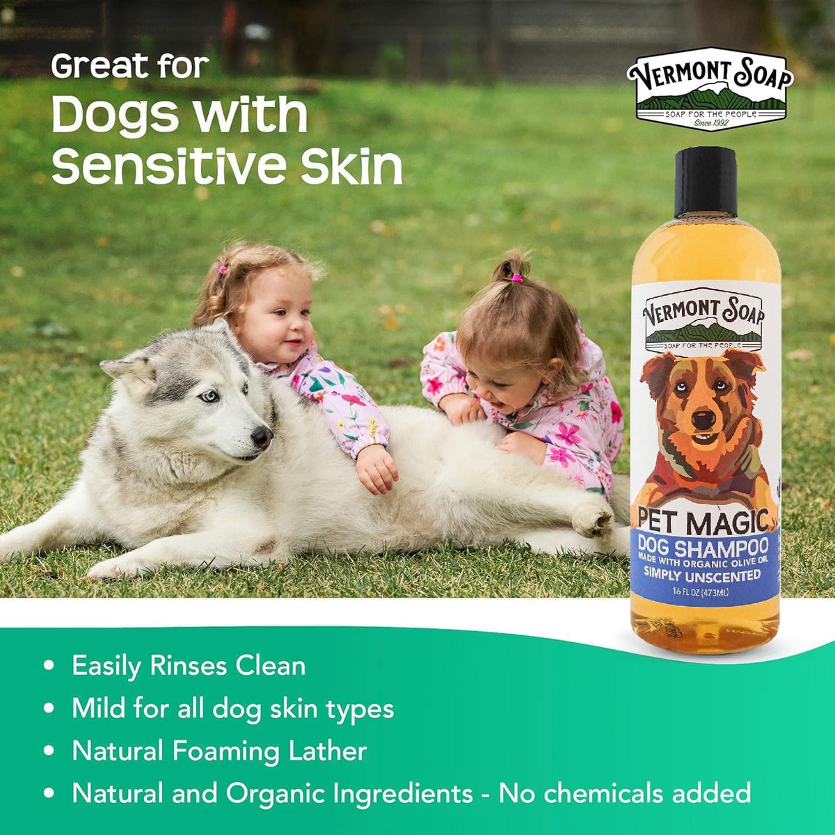 VERMONT SOAP Organics Pet Shampoo - Infused with Organic & Natural Olive Oil, Coconut & Aloe Vera