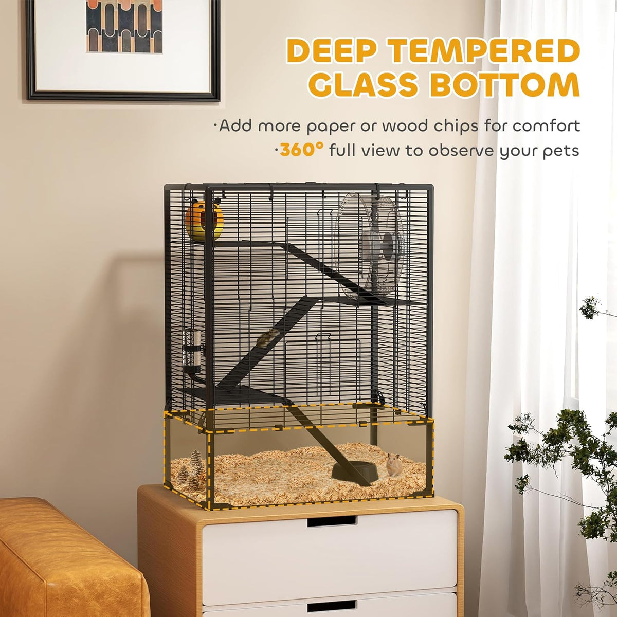 PawHut Large Hamster Cage with Deep Tempered Glass Bottom, 4 Tiers Hamster Tank with Running Wheel