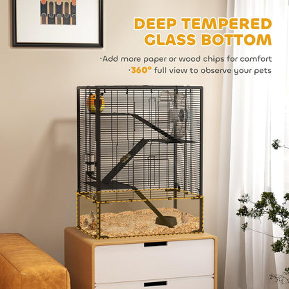 PawHut Large Hamster Cage with Deep Tempered Glass Bottom, 4 Tiers Hamster Tank with Running Wheel