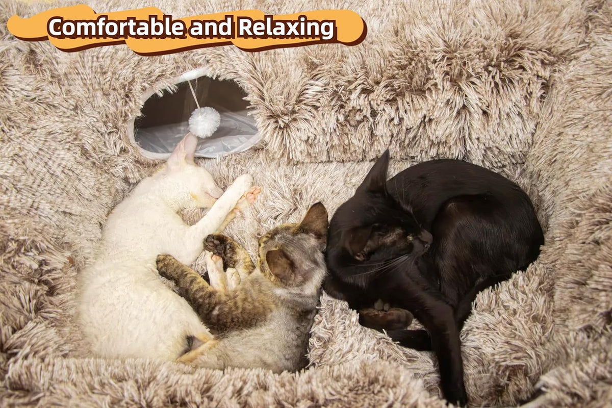 XxingSheep 4 Cave Shuttled XL Cat Tunnel Bed for Indoor Cats Peekaboo Toy Donut with Warm Mat