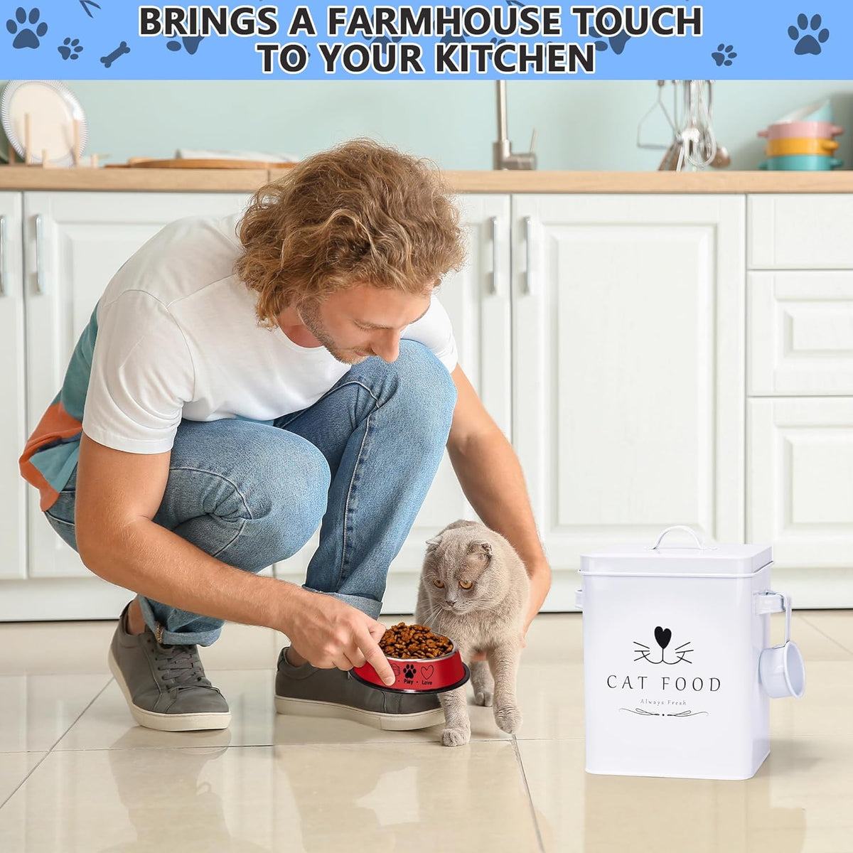 Meraki Home Farmhouse Cat Food and Treats Containers + Feed Scoop + Pet Food Bowl - Tight Lids
