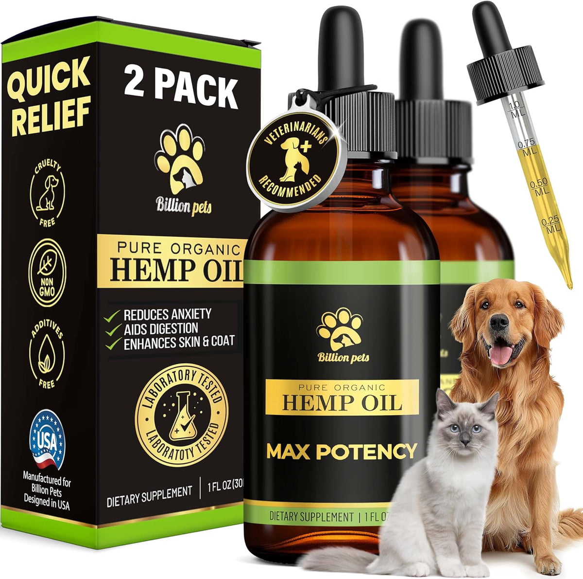 Billion Pets - Hemp Oil for Dogs and Cats - Helps with Anxiety, Pain, Stress, Sleep, Arthritis
