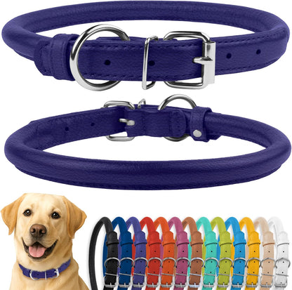 CollarDirect Rolled Leather Dog Collar, Soft Padded Round Puppy Collar, Handmade Genuine Leather