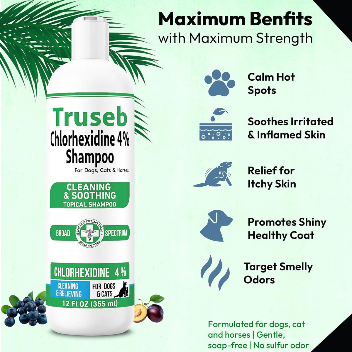 Truseb Topical Chlorhexidine 4% Shampoo for Dogs, Cats, and Horses with Plum/Blueberry Scent - 12