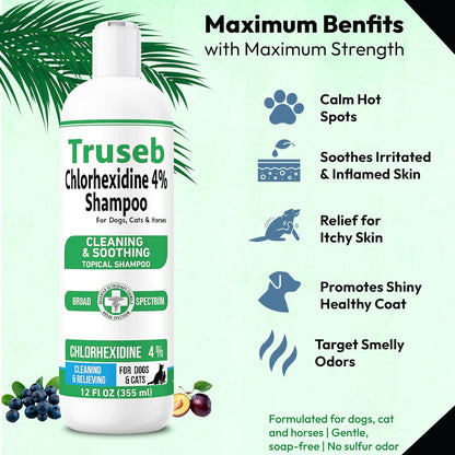 Truseb Topical Chlorhexidine 4% Shampoo for Dogs, Cats, and Horses with Plum/Blueberry Scent - 12