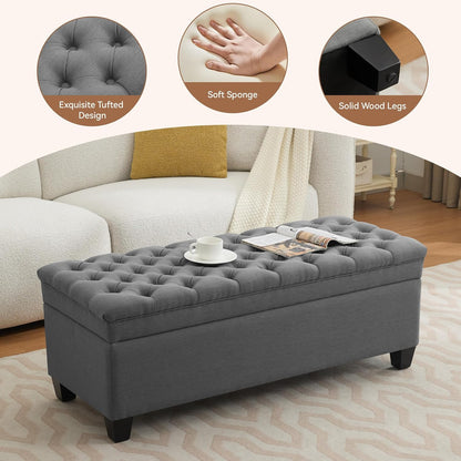 51" Fabric Storage Ottoman Bench, Upholstered Rectangle End of Bed Storage Ottoman Tufted Living