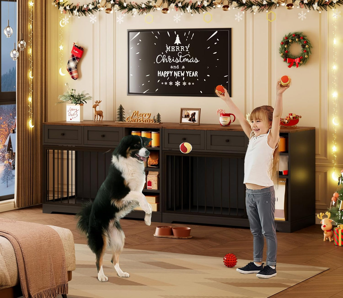 Dog Crate Furniture 47", Large Dog Crate TV Stand with 2 Drawers and 4 Shelves, Wooden Dog Kennel