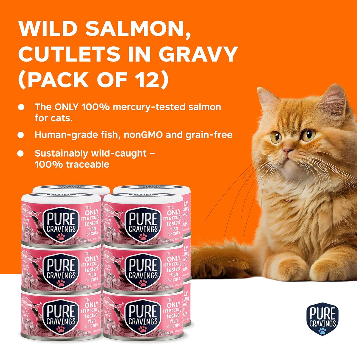 Wet Cat Food Canned Salmon Cutlets in Gravy, 100% Mercury-Tested, Moist Can Fish for Cats
