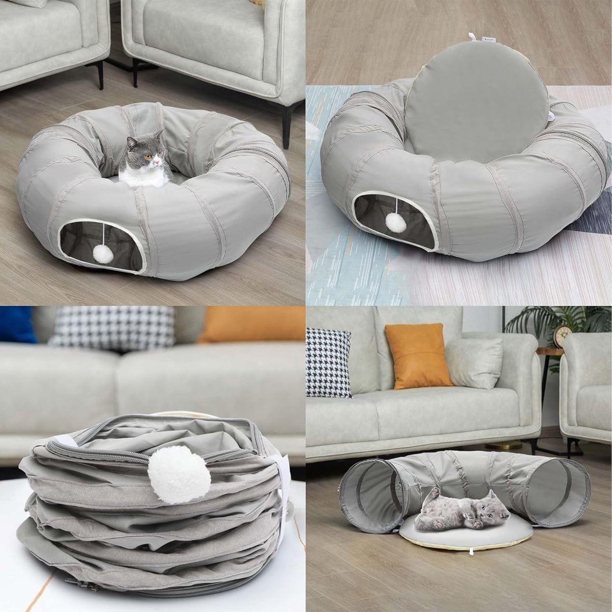 AUOON Cat Play Tunnel - Round Cat Tunnel with Bed | Interactive Cat Toys for Indoor Cats Kitten