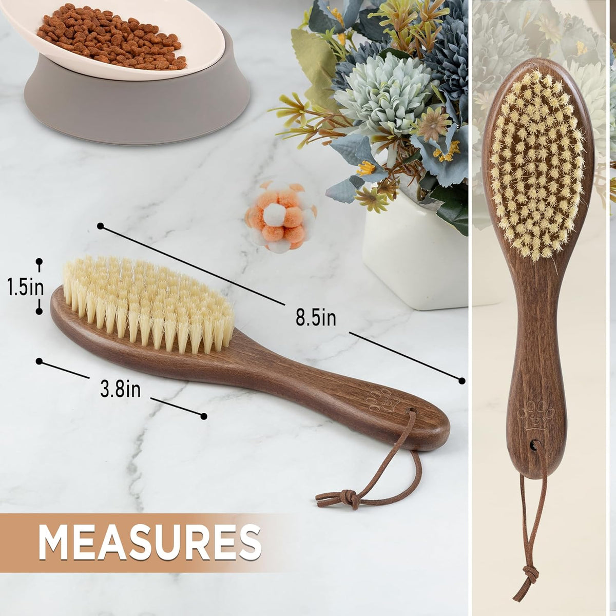 Takavu Natural White Boar Bristle Cat Brush - Gentle Grooming Tool for Sensitive Skin, Smoothing