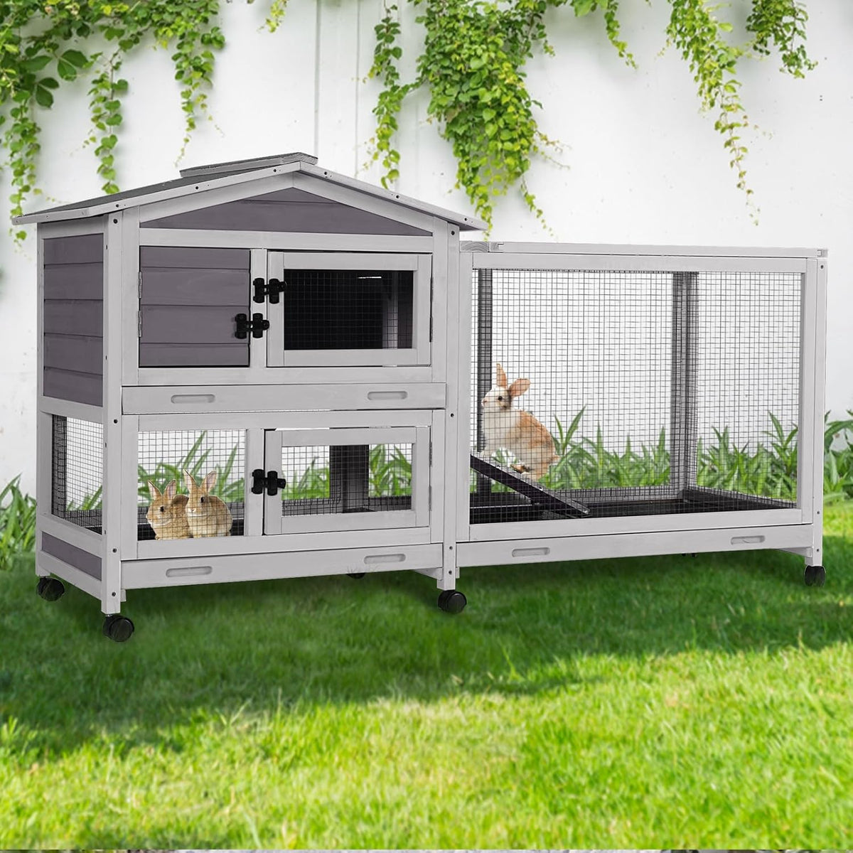 GUTINNEEN Rabbit Hutch Indoor with Chew-Proof Ramp, 62" L Wooden Rabbit Cage with 6 Casters, Bunny