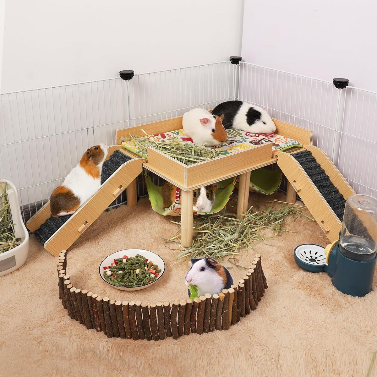 MEWTOGO Guinea Pigs Hammock with Platform, Wooden Guinea Pig Hideout with Stairs, Safe and Durable