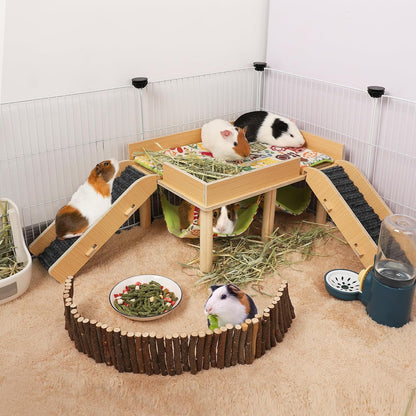 MEWTOGO Guinea Pigs Hammock with Platform, Wooden Guinea Pig Hideout with Stairs, Safe and Durable