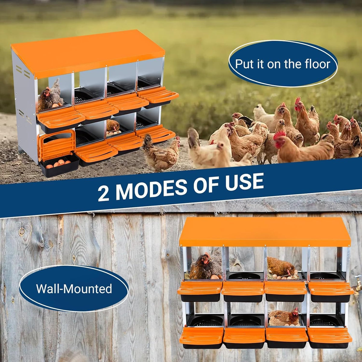 Chicken Nesting Boxes, 8 Hole Metal Chicken Laying Box with with Removable Trays and Roll Out Egg