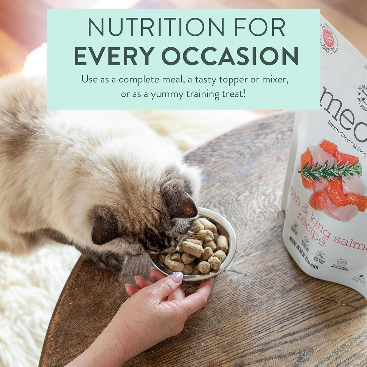 Meow Chicken & King Salmon Freeze Dried Raw Cat Food, Mixer, or Topper, or Treat - High Protein