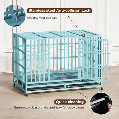 48IN Heavy Duty Dog Crate Steel Escape Proof, Indoor Double Door High Anxiety Cage Removable Tray