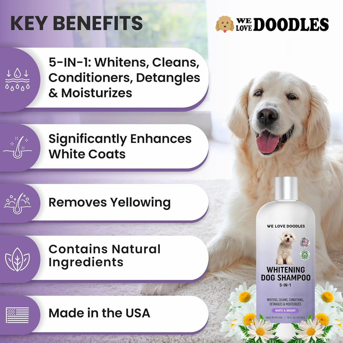 Whitening Dog Shampoo | Made in USA | Brightening Dogs Fur | White & Bright Hair | Removes Stains &