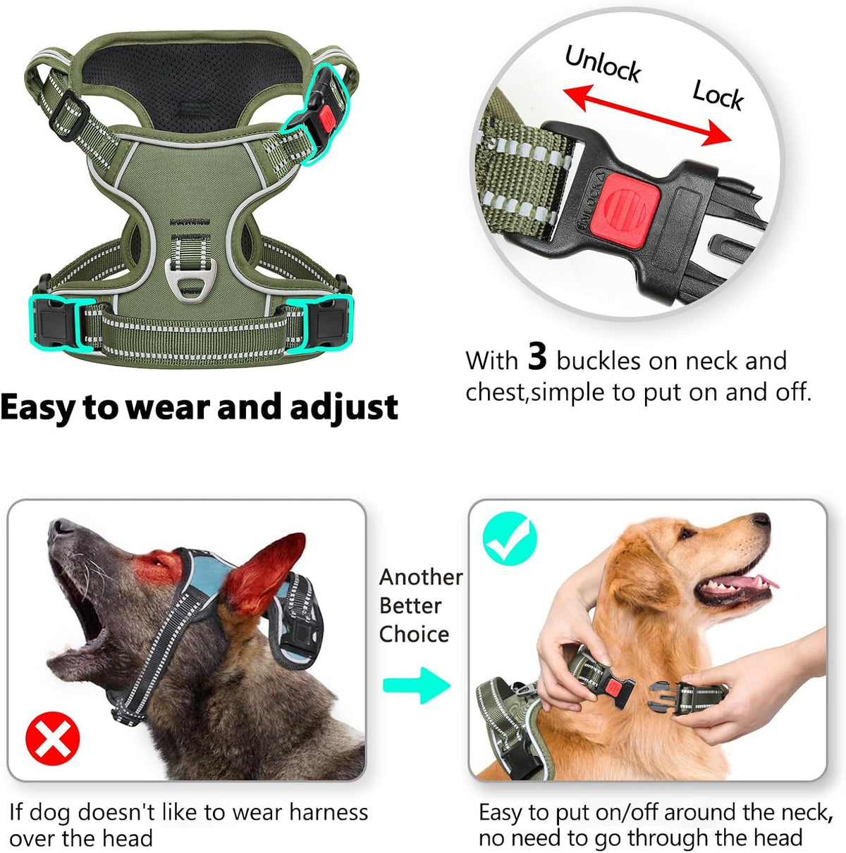 Timos Dog Harness Large Sized, No Pull Pet Harness with Neck Lockable Snap,No Choke Front Clip Dog