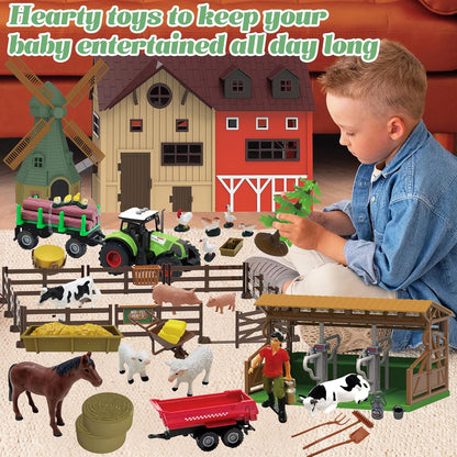 136PCS Farm Animals Toys Set Comes with Barn, Tractor Trailer, Milking shed, Windmill, Farmer