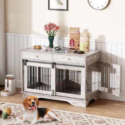 Dog Furniture Crate, 47" Large Dog Crate Furniture w/ 2 Storage Draws & Removable Divider for