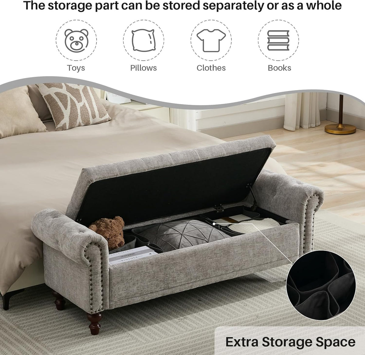 58.1'' Storage Bench Upholstered Chenille End of Bedroom Bed Bench Ottoman with Tufted Cushioned