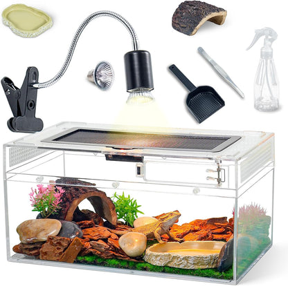 12.5''×6''×7'' Reptile Tank Kit with Heat Lamp, Spray Bottle, Shovel, Tweezers, Food Bowl, Hideout