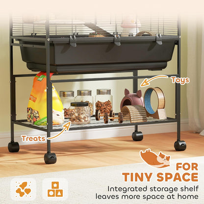 PawHut Hamster Cage with Deep Tray, 5 Tier Rolling Rat Cage with Storage Shelf, Big Exercise Wheel