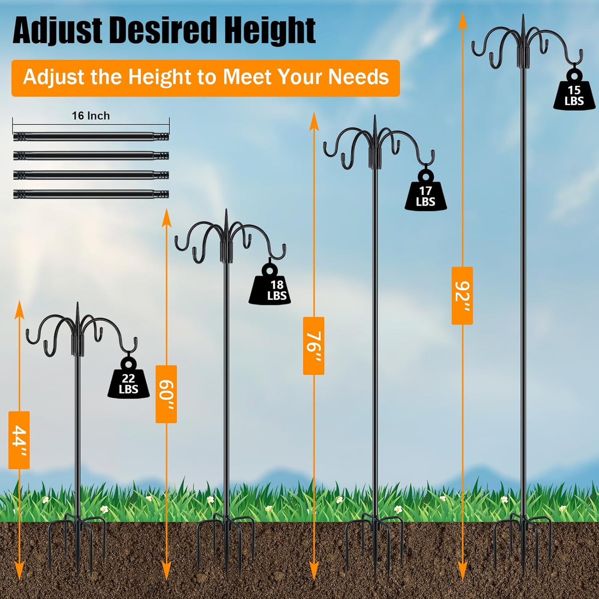 FEED GARDEN 92 Inch Adjustable Shepherd Four Hooks with Squirrel Baffle Heavy Duty Garden Hooks