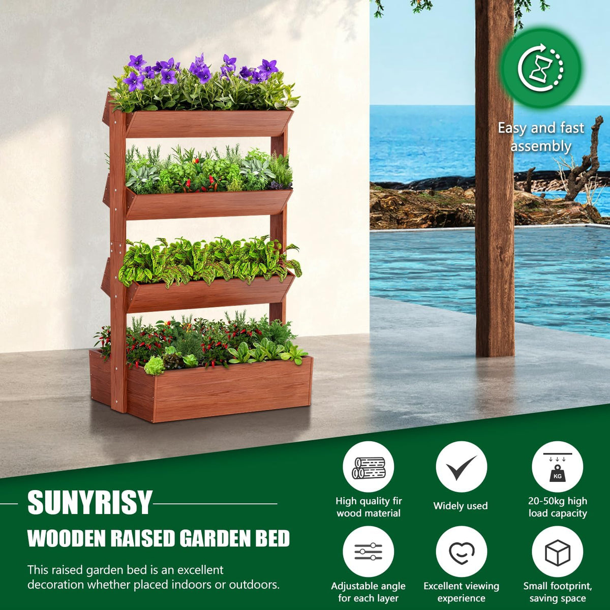 SUNYRISY 4 Tiers Vertical Wooden Raised Garden Bed Outdoor, Freestanding Garden Planter Box Stand