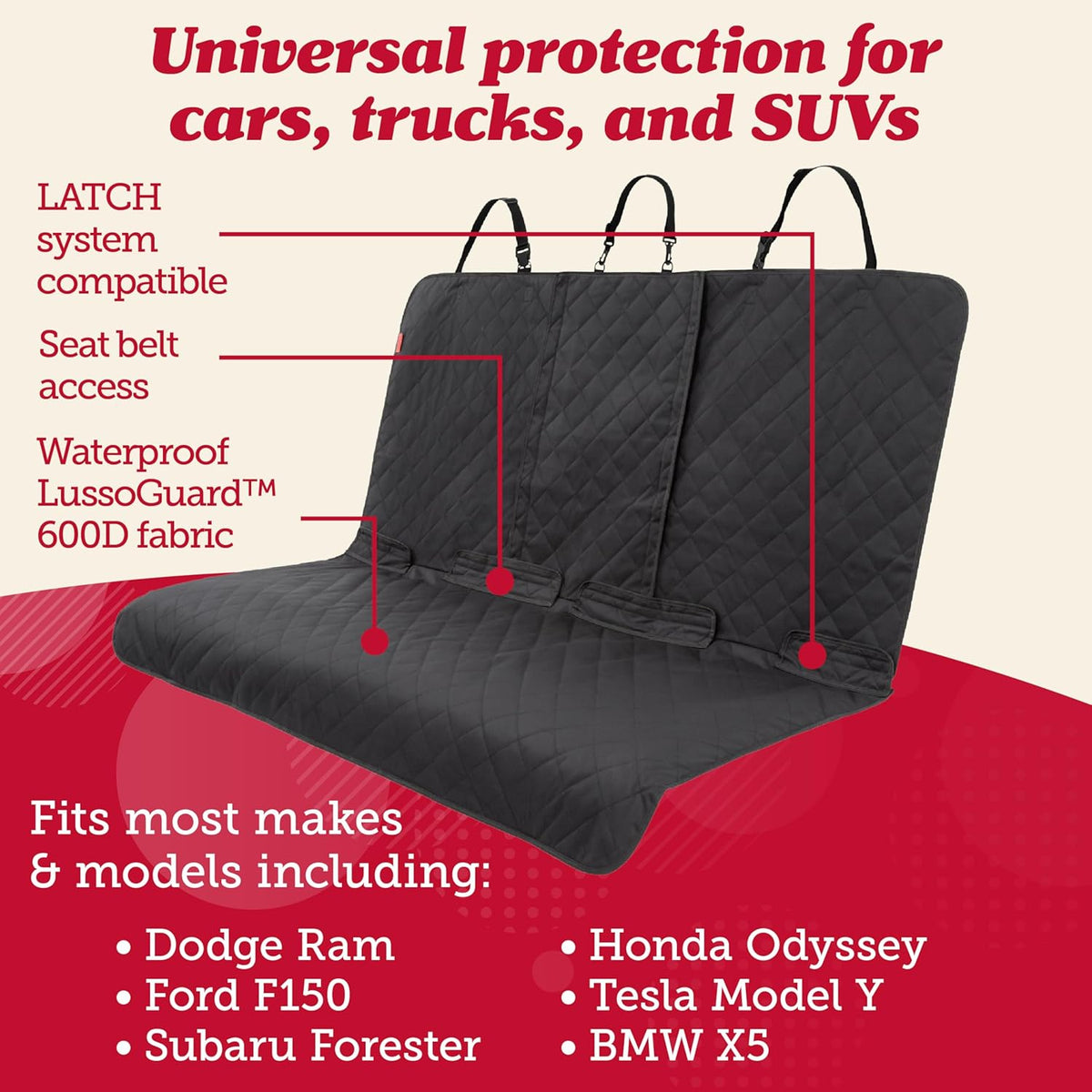 Lusso Gear Dog Car Seat Cover for Back Seat - 100% Waterproof - Full Protection from Mud