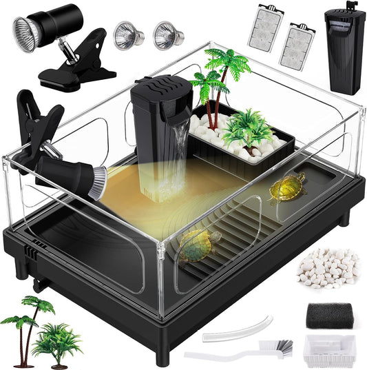 Small Turtle Tank Kit, Acrylic Turtle Tank Starter Kit with Basking Platform, Bottom Drainage