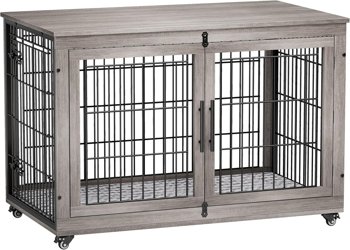 Lulive Dog Crate Furniture, XL Wooden Dog Kennel Indoor Double Doors Dog Cage, 44'' Heavy Duty Dog