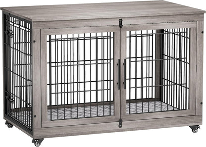 Lulive Dog Crate Furniture, XL Wooden Dog Kennel Indoor Double Doors Dog Cage, 44'' Heavy Duty Dog