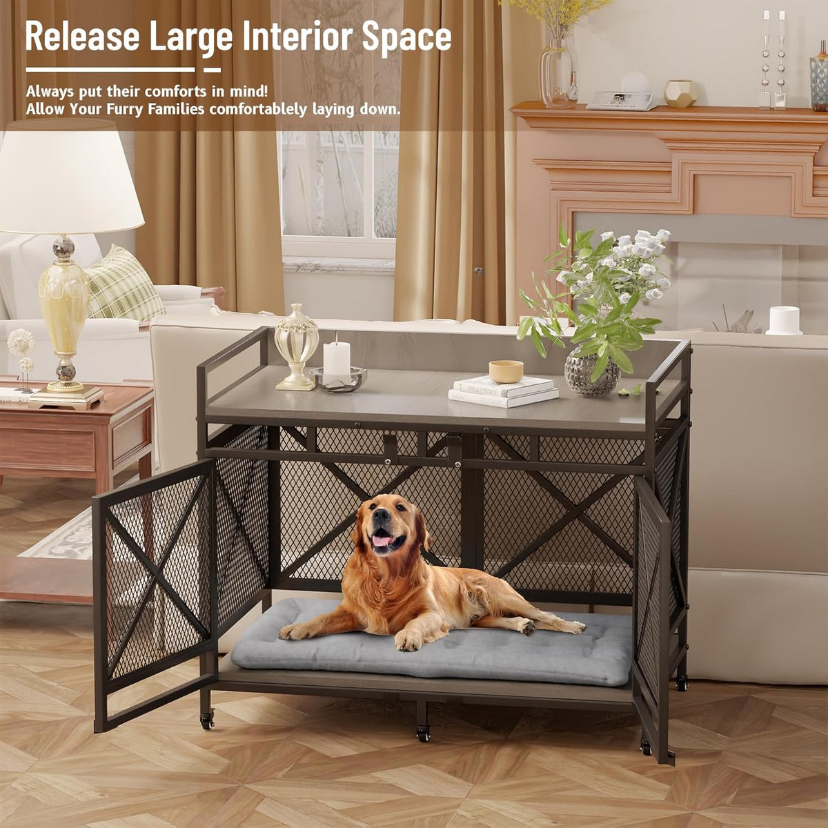 COZPAW Large Dog Crate Furniture, 48 Inch Wooden Dog Kennel for XLarge Dogs, Heavy Duty Dogs