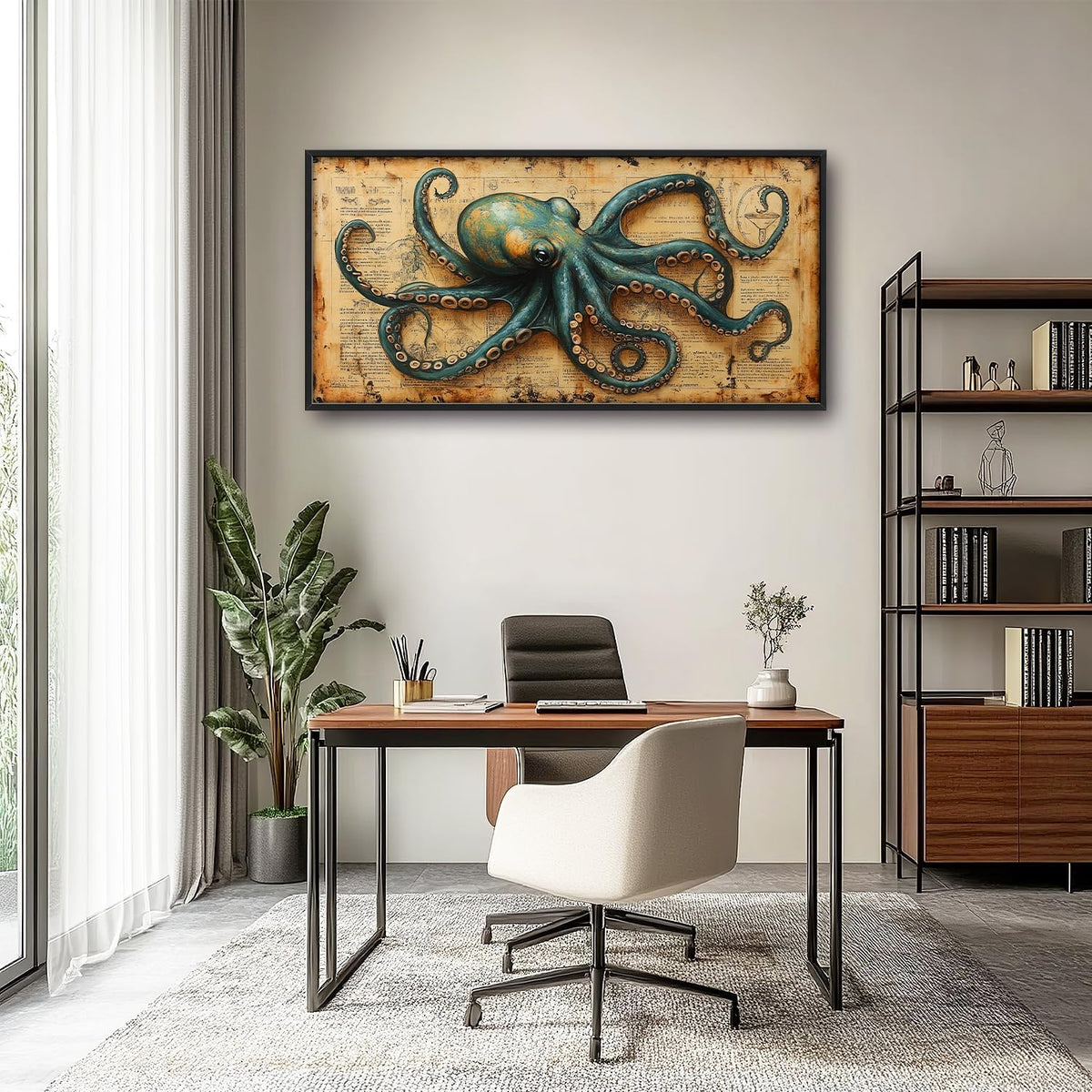 Large Octopus Nautical Wall Art for Living Room, Vintage Ocean Canvas Oversized Wall Decor, Rustic