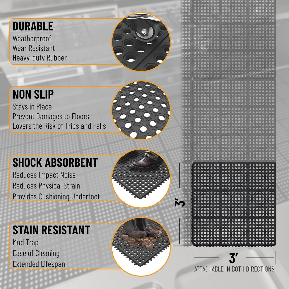 Ottomanson Heavy Duty Rubber Floor Mat – Non-Slip, Waterproof, Easy to Clean – Anti-Fatigue Mat for