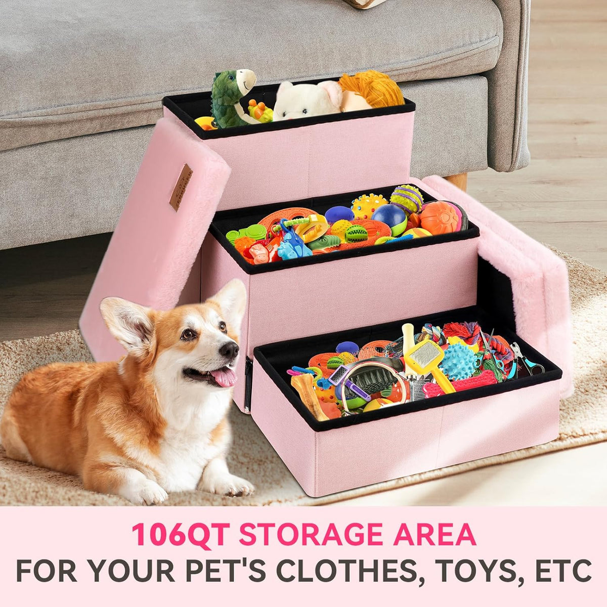 Dog Stairs with Furry Lids 18" H, 3-Step Wider Dog Steps with Storage for Small/Medium/Large Dogs