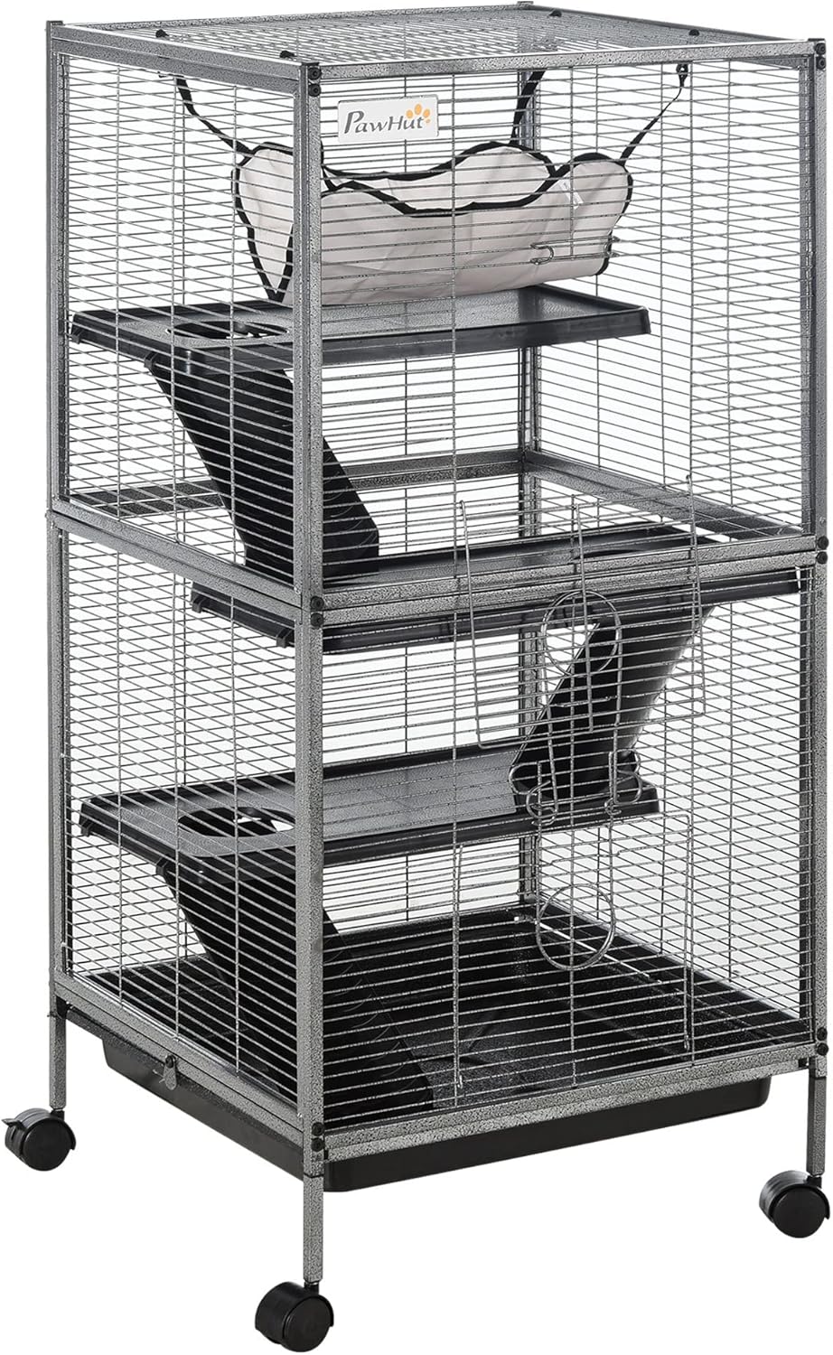 PawHut Metal Small Animal Cage, 4-Tiers Rolling Big Ferret Cage with Hammock, Removable Tray, for