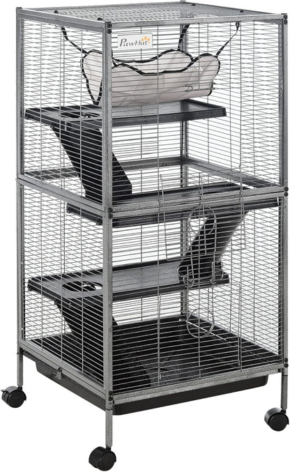 PawHut Metal Small Animal Cage, 4-Tiers Rolling Big Ferret Cage with Hammock, Removable Tray, for